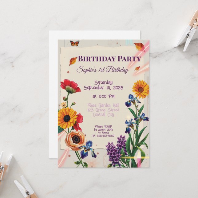 Rainbow Flowers - Modern Collage Invitation (Front/Back In Situ)