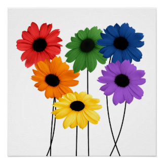 Rainbow Flowers on long black stem Yoga Mat Poster