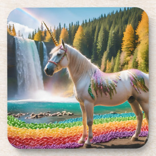 Rainbow Flowers Unicorn Green Trees Waterfall Lake Coaster