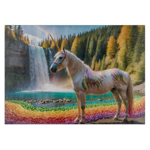 Rainbow Flowers Unicorn Green Trees Waterfall Lake Cutting Board