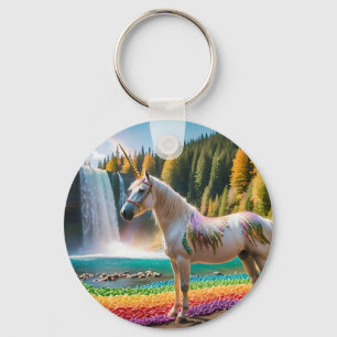 Rainbow Flowers Unicorn Green Trees Waterfall Lake Key Ring