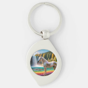 Rainbow Flowers Unicorn Green Trees Waterfall Lake Key Ring