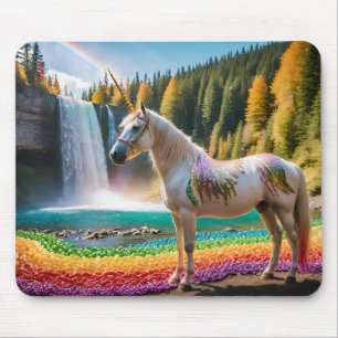 Rainbow Flowers Unicorn Green Trees Waterfall Lake Mouse Pad