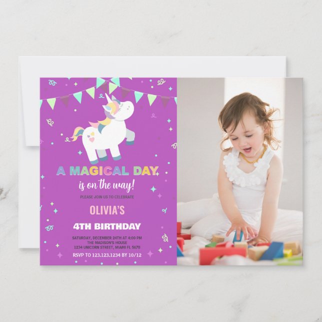 Rainbow Fly Unicorn Birthday Invitations photo (Front)