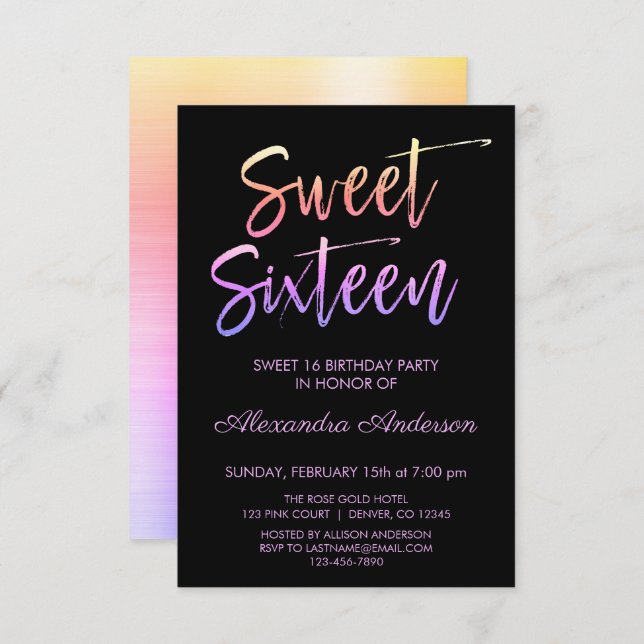 Rainbow Foil and Black Sweet Sixteen Birthday Invitation (Front/Back)