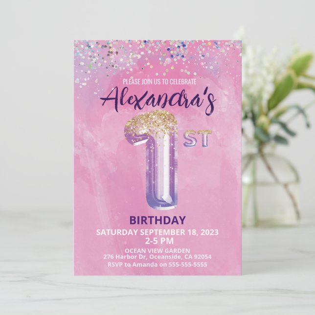 Rainbow Foil Balloon Girl 1st Birthday Invitation (Standing Front)
