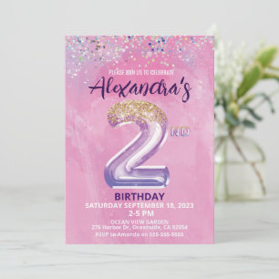Rainbow Foil Balloon Girl 2nd Birthday Invitation