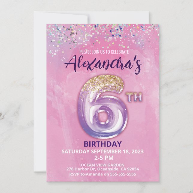 Rainbow Foil Balloon Girl 6th Birthday Invitation (Front)
