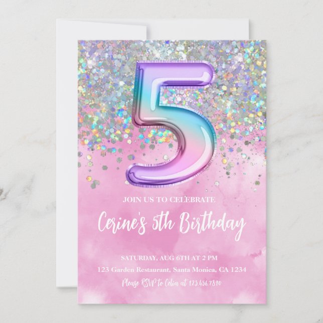 Rainbow Foil Girl 5th Birthday Invitation (Front)