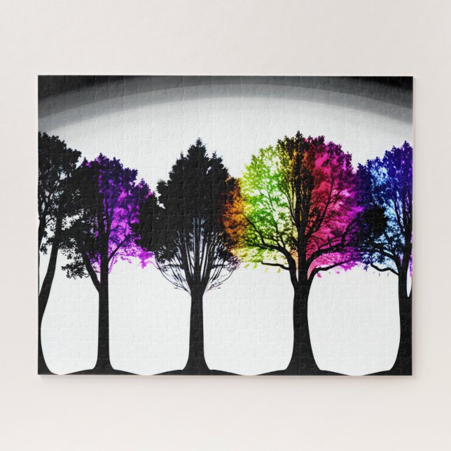 Rainbow Foliage on Black Silhouette Trees Jigsaw Puzzle (Horizontal)