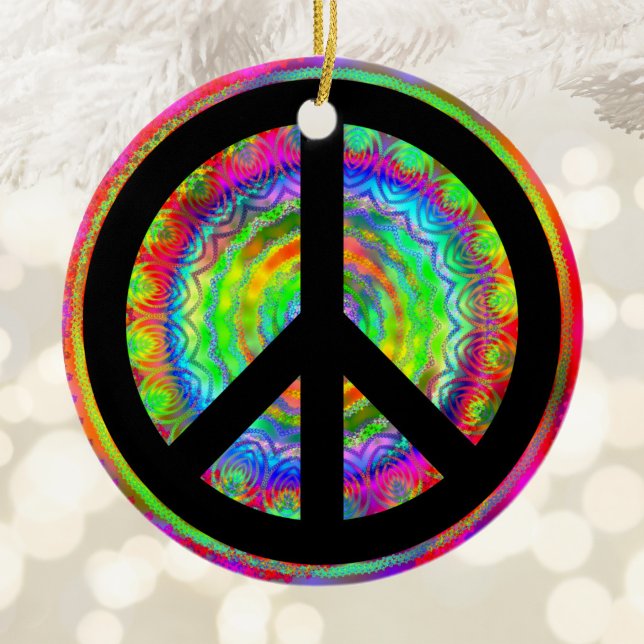 Rainbow Fractal Kaleidoscope Black Peace Symbol Ceramic Tree Decoration (Rainbow Fractal Kaleidoscope Black Peace Symbol Ceramic Ornament)