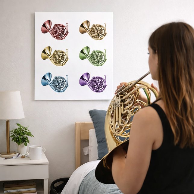 Rainbow French Horn Brass Instrument Art Poster (A poster featuring red, orange, yellow, green, blue and purple french horns.)