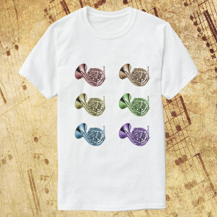 Rainbow French Horn Collage Design Colourful Brass T-Shirt