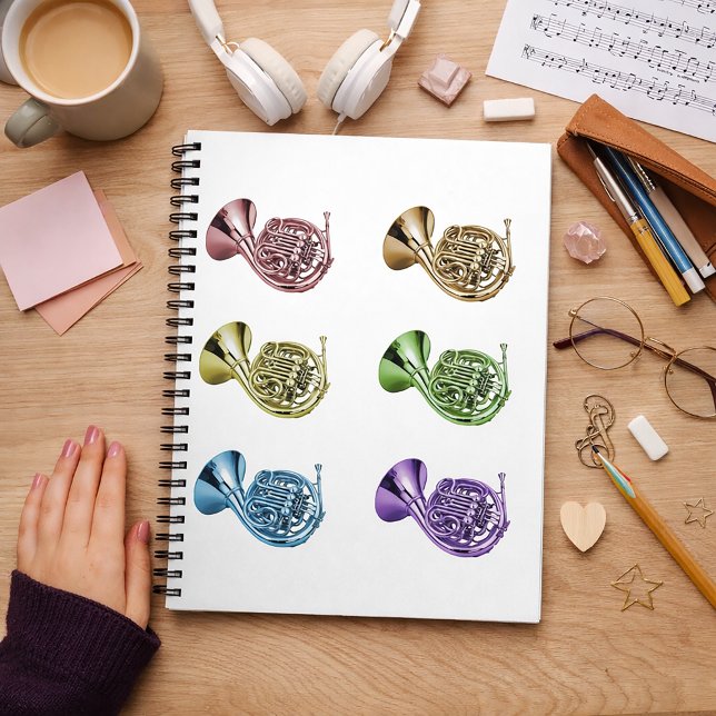 Rainbow French Horn Lineup Notebook (A notebook with a rainbow french horn pattern.)