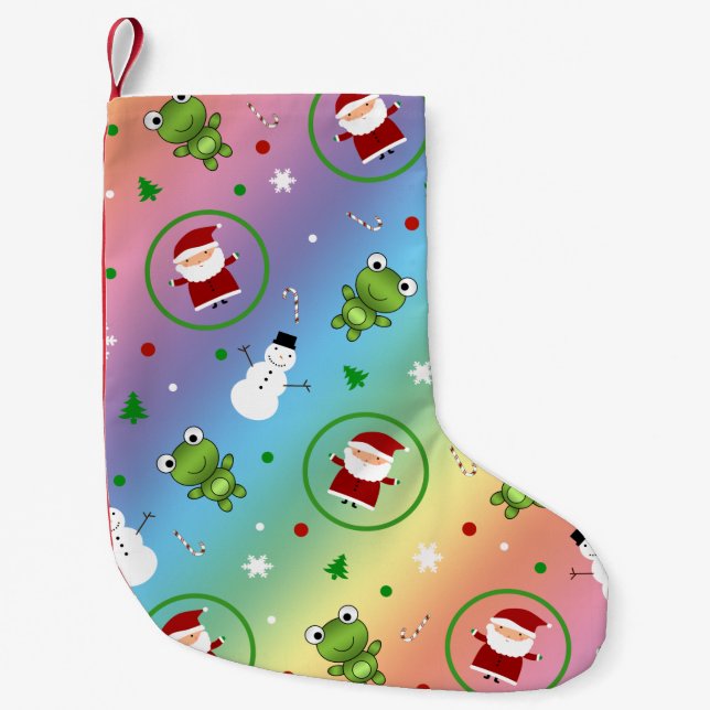 Rainbow frogs santa claus snowmen small christmas stocking (Front)