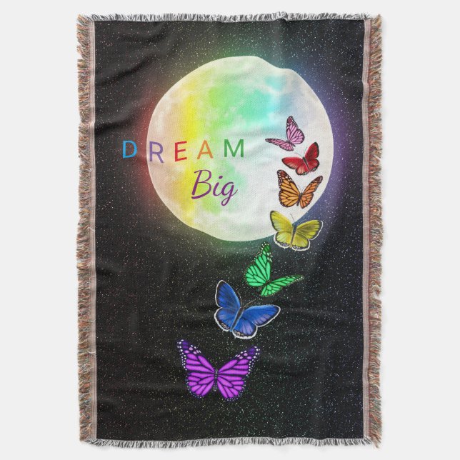 Rainbow Full Moon & Rainbow Butterflies Dream Big Throw Blanket (Front Vertical)