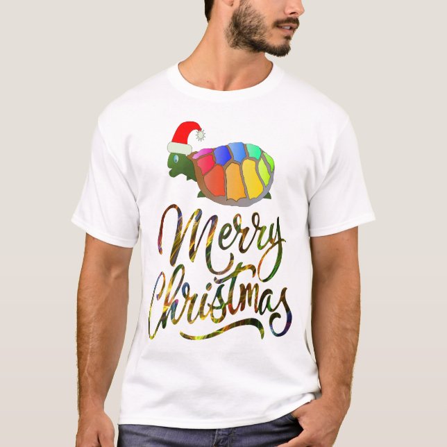 Rainbow Funny Turtle Wearing Santa Hat Xmas Gifts  T-Shirt (Front)