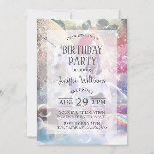 Rainbow galaxy cat riding unicorn in space.        invitation
