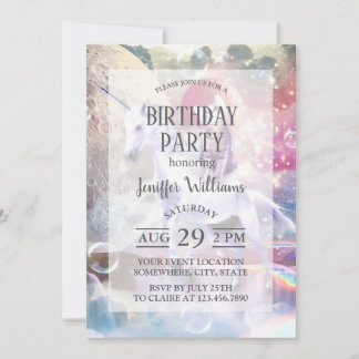 Rainbow galaxy cat riding unicorn in space. invitation