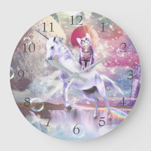 Rainbow galaxy cat riding unicorn in space. large clock