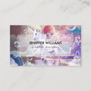 Rainbow galaxy pug riding unicorn in space.        business card