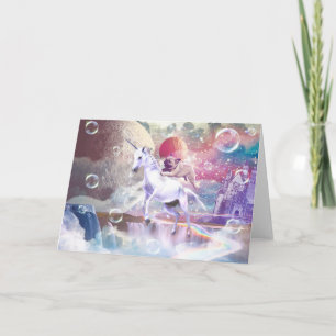 Rainbow galaxy pug riding unicorn in space. card
