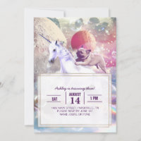 Rainbow galaxy pug riding unicorn in space.       