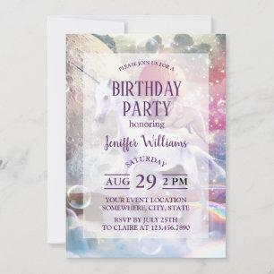 Rainbow galaxy pug riding unicorn in space.        invitation