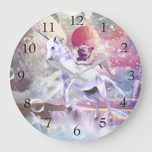 Rainbow galaxy pug riding unicorn in space.        large clock (Front)