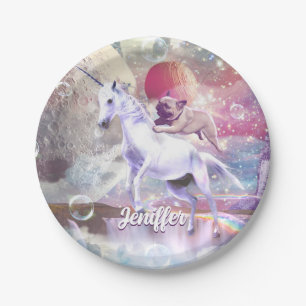 Rainbow galaxy pug riding unicorn in space. paper plate