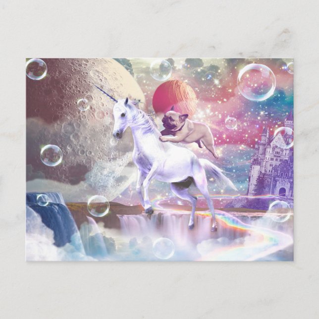 Rainbow galaxy pug riding unicorn in space.        postcard (Front)