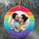 Rainbow Gay Couple Photo Ceramic Tree Decoration<br><div class="desc">Show off your love with this beautiful commemorative gay wedding Christmas ornament. A colourful rainbow surrounds the happy LGBTQ couple. Add the newlywed names and anniversary date on the pretty purple colour.</div>