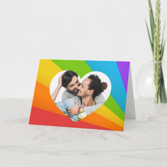 Rainbow Gay Couple Photo in Heart Romantic Love Card (Front)
