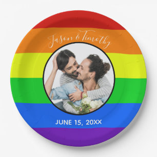 Rainbow Gay Pride Custom Couple Photo Bold Wedding Paper Plate