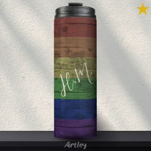 Rainbow Gay Pride Flag LGBT Wood Grain Custom Name Thermal Tumbler