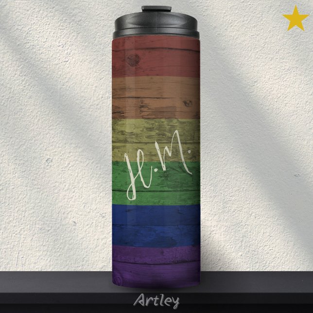 Rainbow Gay Pride Flag LGBT Wood Grain Custom Name Thermal Tumbler (Creator Uploaded)