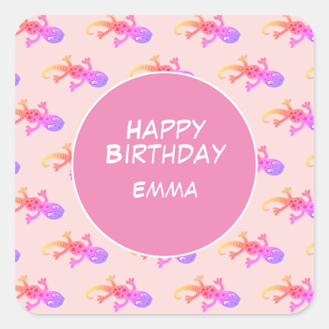 Rainbow Gecko Pink Custom Kids Birthday Square Sticker (Front)