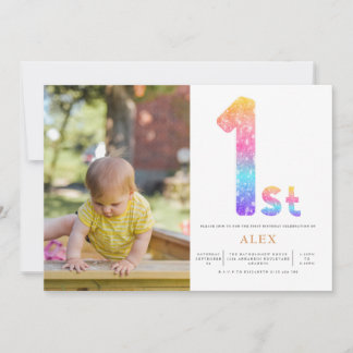 Rainbow Gender Neutral 1st Birthday Photo Invitation