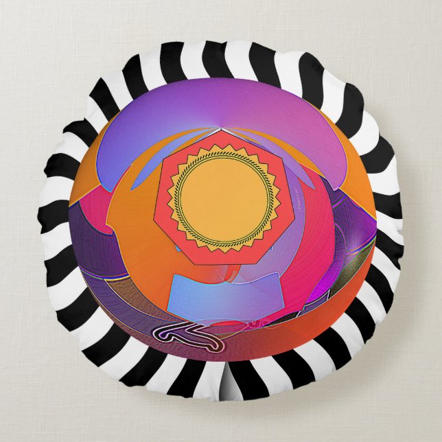 Rainbow Geo Centre Black White Wavy Round Cushion (Front)