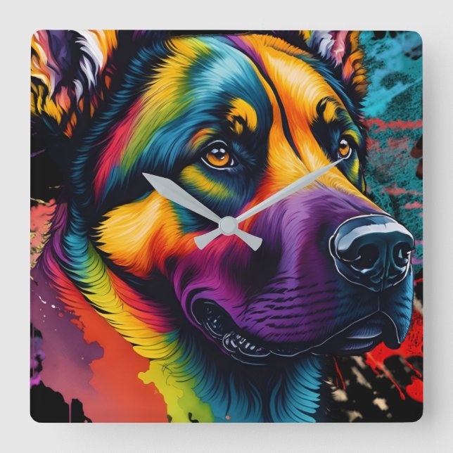 Rainbow German Shepherd Watercolor Square Wall Clock (Front)
