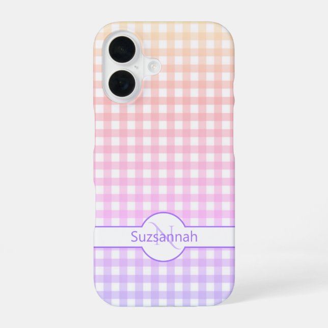 Rainbow Gingham Check Monogrammed Custom iPhone 16 Case (Back)