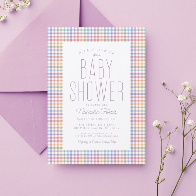 Rainbow gingham plaid cute pastel baby shower invitation (Creator Uploaded)