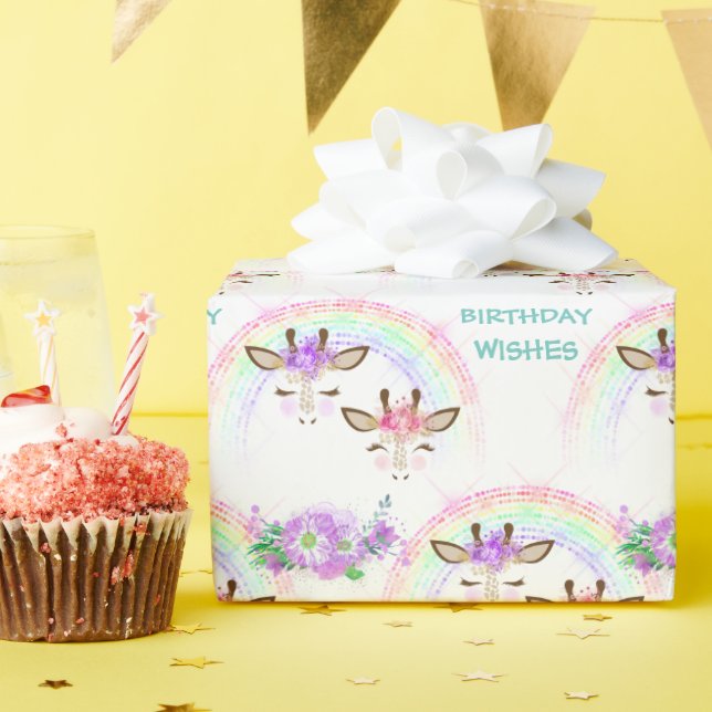 Rainbow Giraffe Faces Birthday Wrapping Paper (Birthday Party)