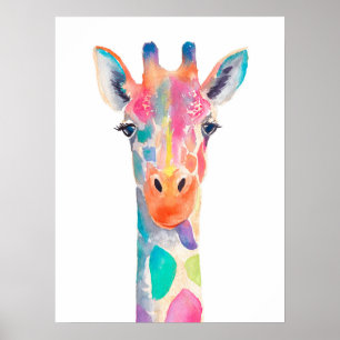 Rainbow Giraffe Watercolor Portrait Poster