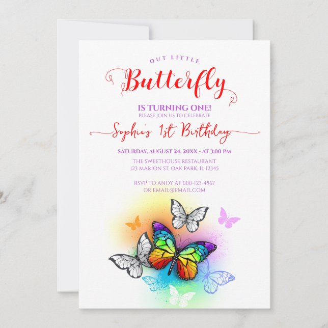 Rainbow Girl Butterfly 1st Birthday Invitation (Front)