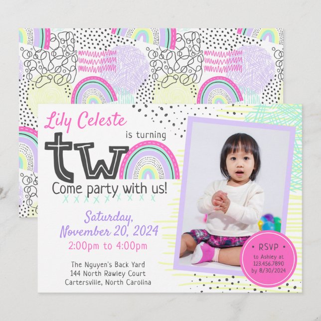 Rainbow Girl's 2nd Birthday Kawaii Doodles Photo Invitation (Front/Back)