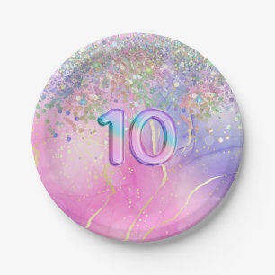 Rainbow Glitter 10th Birthday Party Paper Plate
