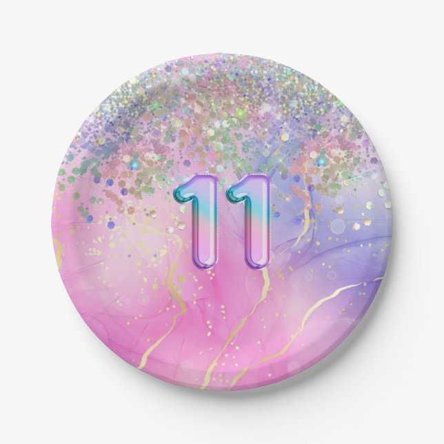 Rainbow Glitter 11th Birthday Party  Paper Plate (Front)