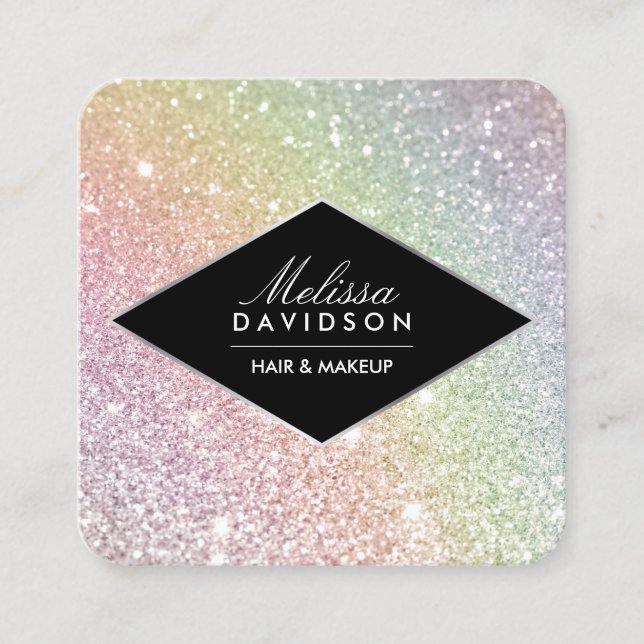 Rainbow Glitter and Glamour Beauty Square Business Card (Front)