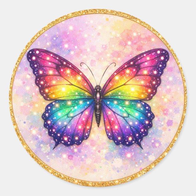 Rainbow Glitter Butterfly Bold Classic Round Sticker (Front)